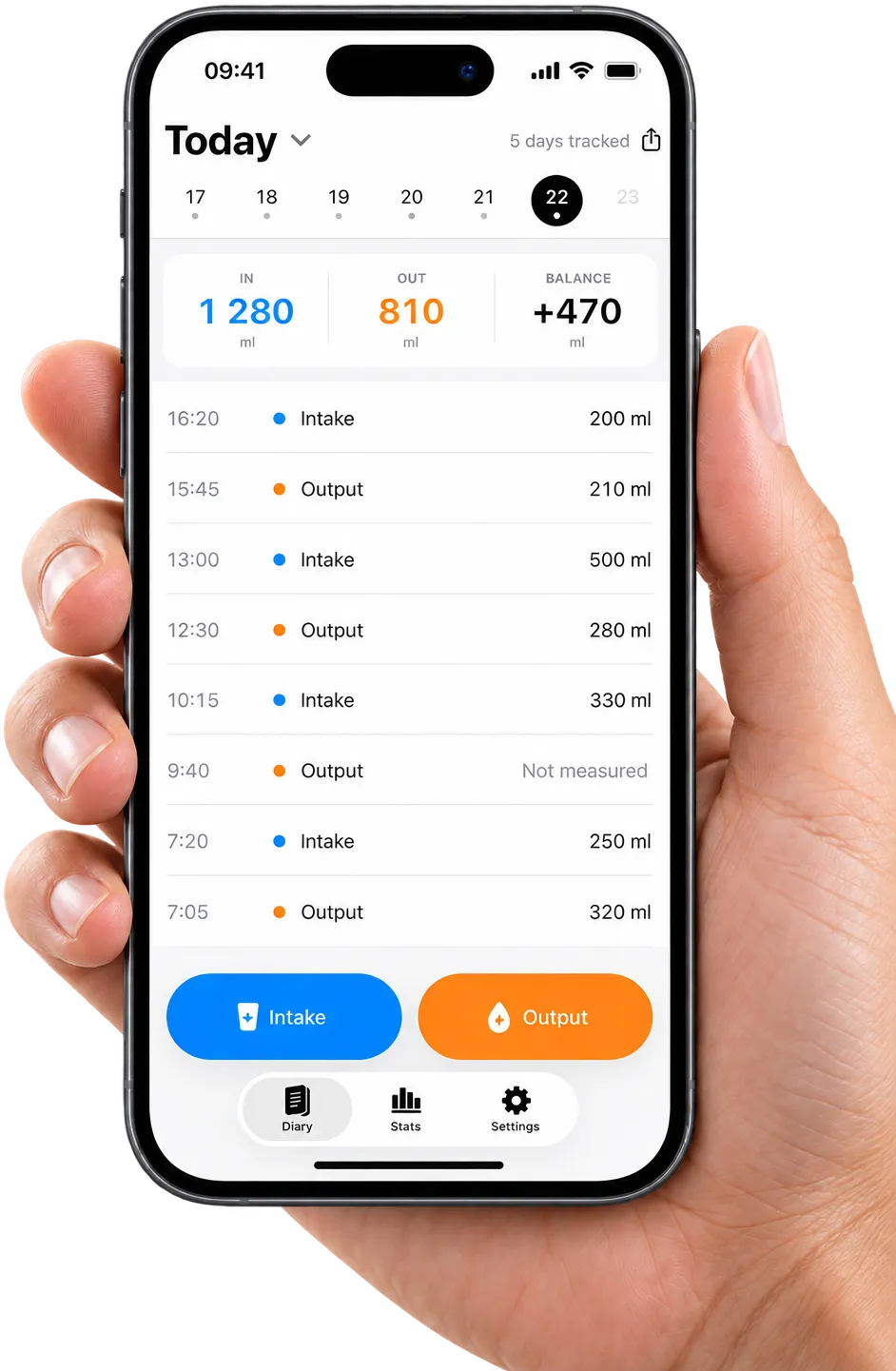 A hand holding an iPhone with the Today screen: IN 1 280 ml, OUT 810 ml, BALANCE +470 ml and the day's entries