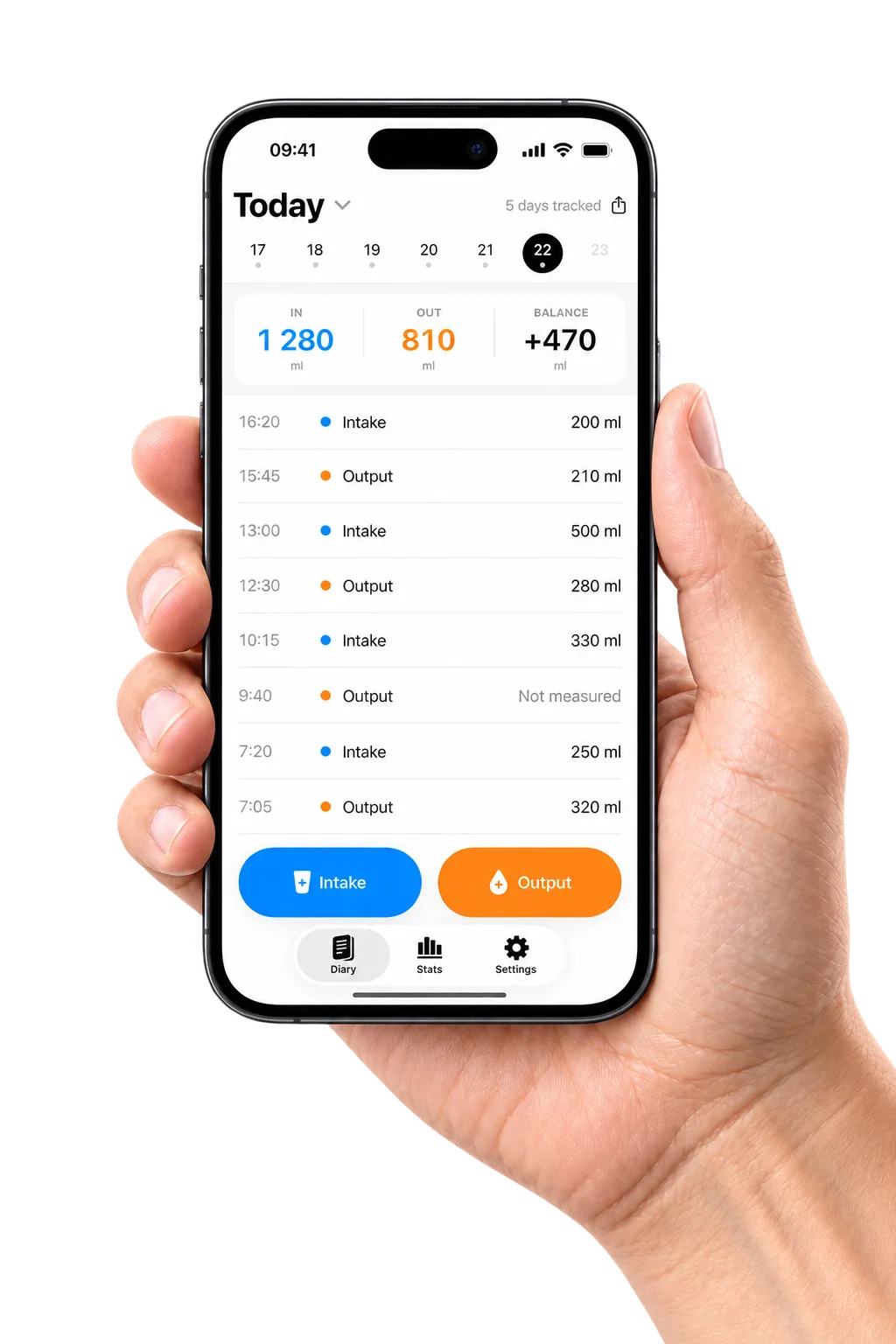 A hand holding an iPhone with the Today screen: IN 1 280 ml, OUT 810 ml, BALANCE +470 ml, and the day's entries in order